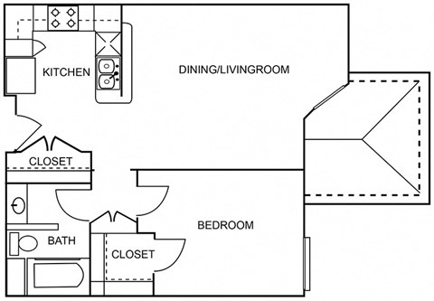 Floor plan for 1 bed, 1 bath, 661 sqft